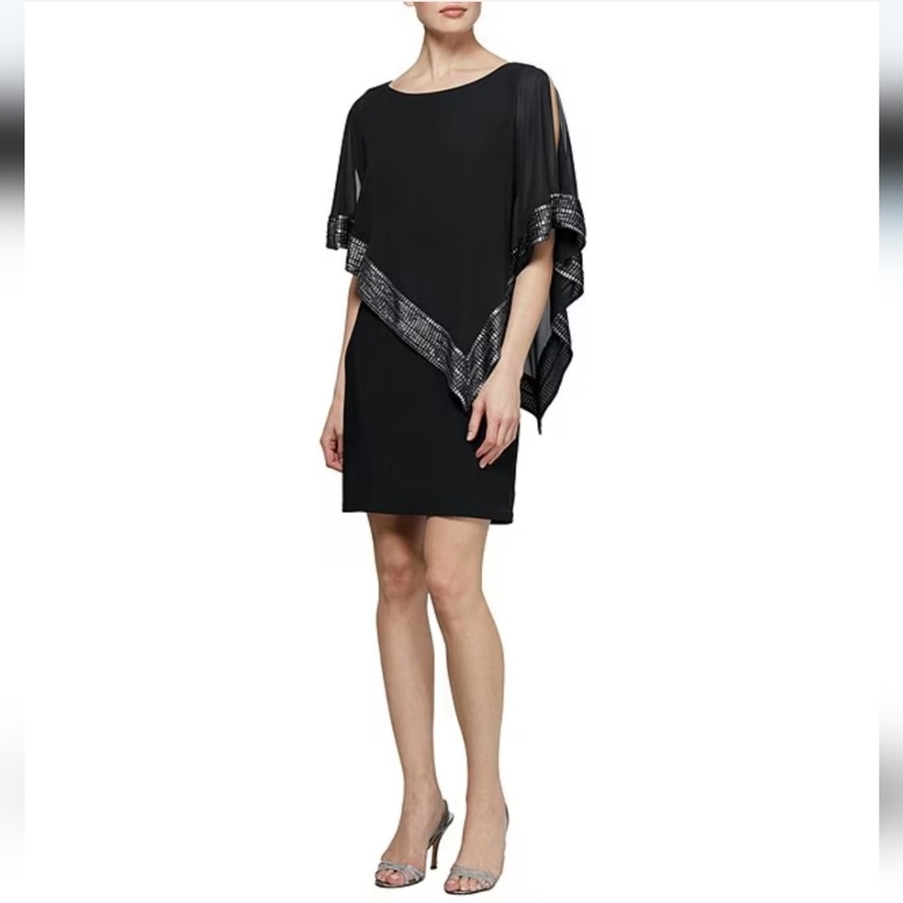 SLNY Foil Trim Asymetrical Overlay Dress